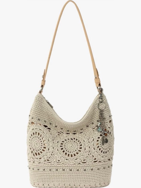 The Sak Handbags - The Sak Cream Crochet Shoulder Bag with Tan Leather Handle